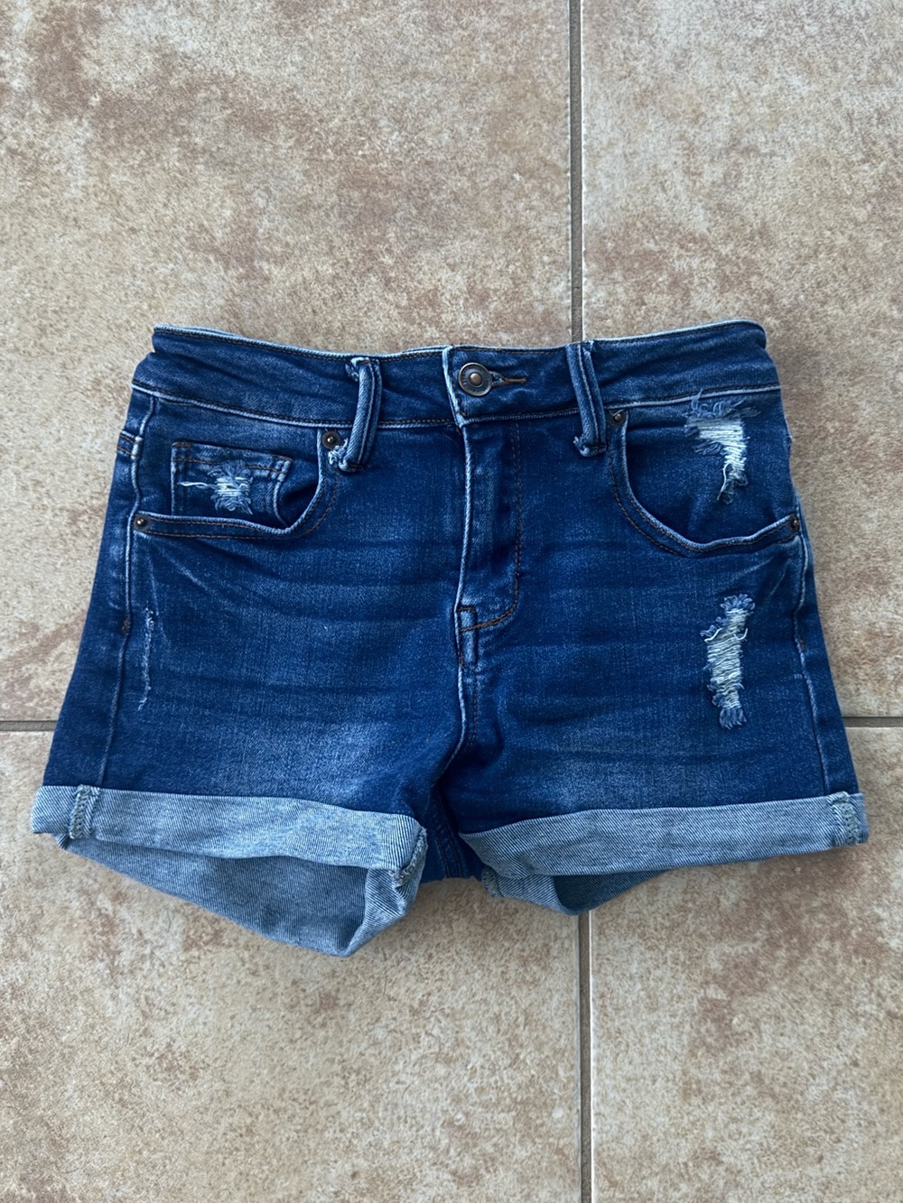 Dark Indigo Distressed Roll-Cuff Women’s Denim Shorts